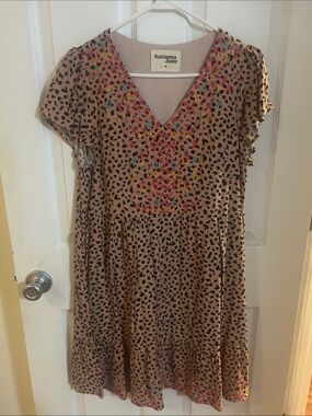 Savanna Jane Taupe Leopard Print Dress with Multicolor Embroidery